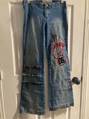 Blue Embroidered Flare Jeans with Red Logo Detail